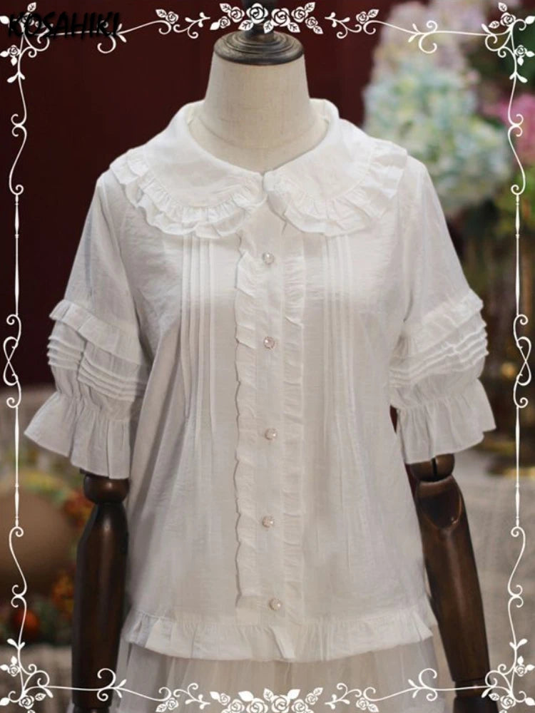 🍒Peter Pan shirt Women single breasted sweet blouse Y2k aesthetic ruffled Loose top sweet girl fashion smart casual wear Peter Pan And Cherritreewendy