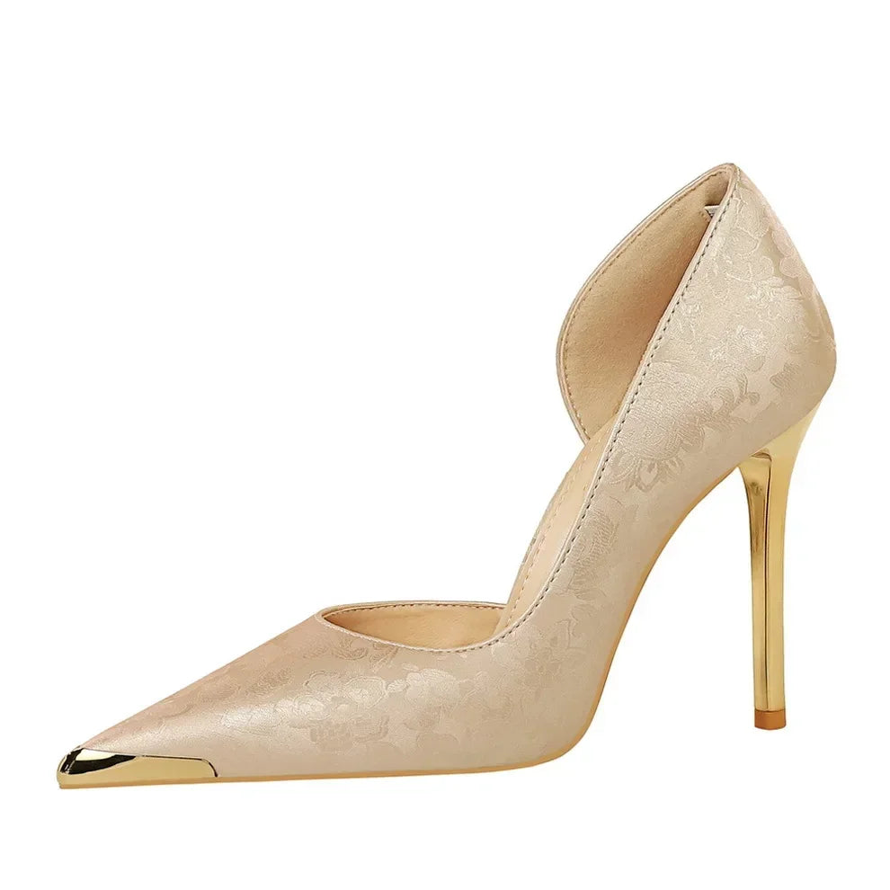 🍒Pointed heels metal tipped front party shoes evening pumps footwear women’s fashion luxury high heels embossed wedding shoes banquet special occasion Golden Tip Get These Gold Tips