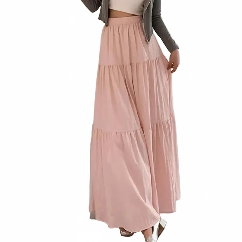 🍒High waist elastic maxi skirt long teired with ruffle stitching solid colour a-Line smart casual fashion for women clothing for all seasons A+ For This A-line
