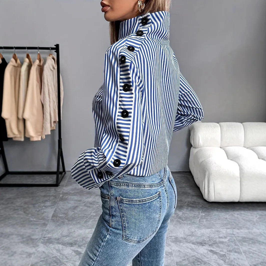 🍒 Stripe long sleeved top for women elegant office wear shirt buttoned Fashion midi dress shirt summer women bohemian short sleeve floral outfit lemon print sundress belted elegant long dress smart casual clothes Womens  blouse