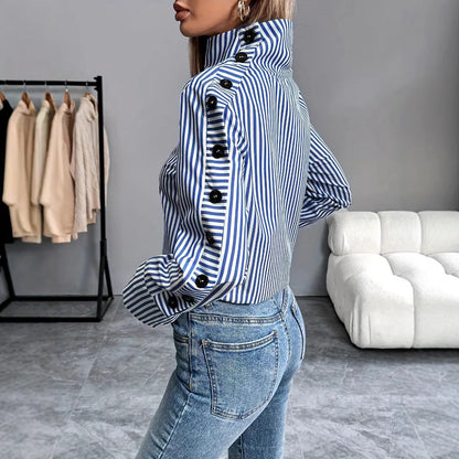 🍒 Stripe long sleeved top for women elegant office wear shirt buttoned Fashion midi dress shirt summer women bohemian short sleeve floral outfit lemon print sundress belted elegant long dress smart casual clothes Womens  blouse