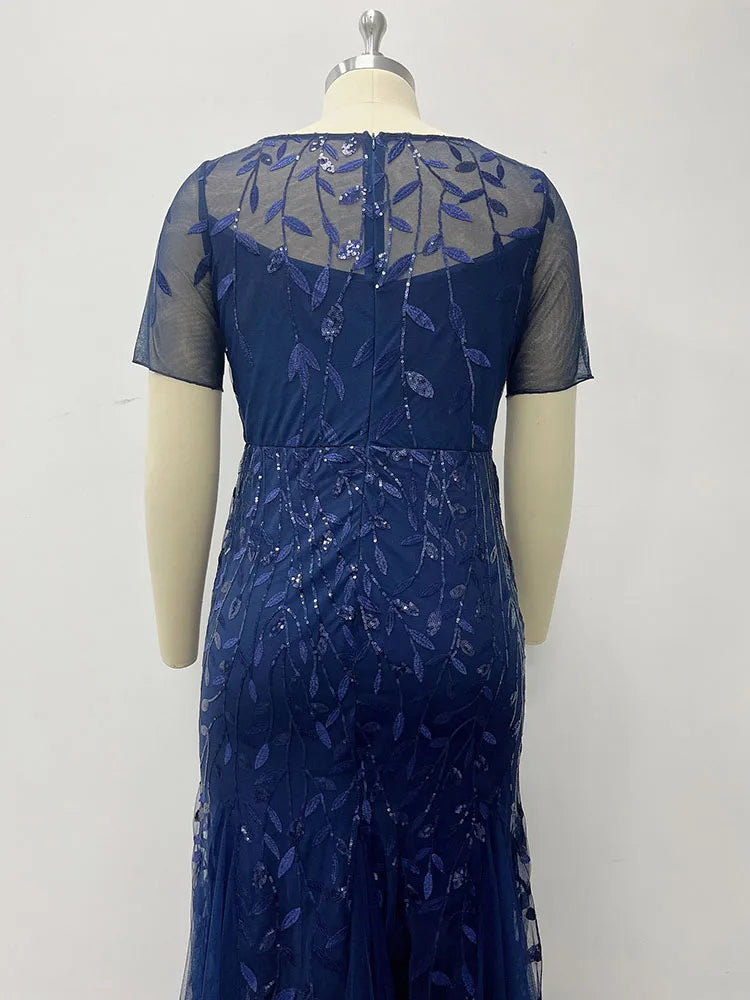 🍒Plus size sequin mesh dress mermaid evening gown beaded leaves pattern party occasion wear prom gowns short Sleeve sparkly outfits for women Fish Dish For Christmas
