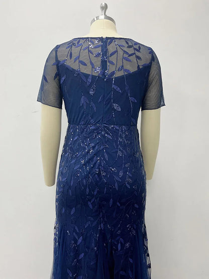 🍒Plus size sequin mesh dress mermaid evening gown beaded leaves pattern party occasion wear prom gowns short Sleeve sparkly outfits for women Fish Dish For Christmas