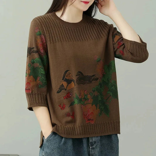 🍒Vintage print pullover loose And versatile knitted sweater women womens spring and summer tops  3/4 sleeve cotton autumn clothing Jump-er On The Flower Tree Top