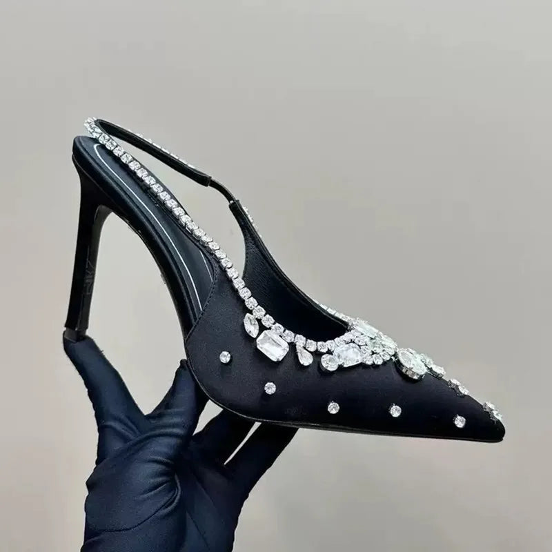 🍒Diamond satin slingback heels womens pointed toe pumps elegant stiletto high heels occasion shoes wedding party dress shoes 'Whine In Your Wines