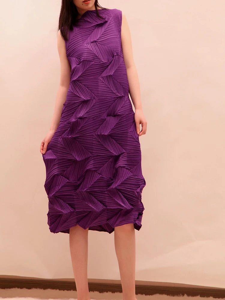 🍒Sleeveless pleated dress for women turtleneck outfit single colour solid fashion smart casual women party wear occasion clothing style 3D fold designer dresses Fashion A Fold