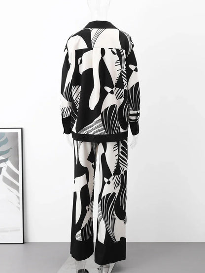 🍒Print shirt womens 2 piece sets loose long sleeve shirt and wide leg pants female suit Summer smart casual outfits ladiy Fashion occasion party wear occasion evening wear