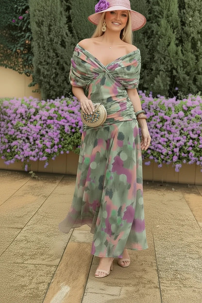 🍒Spring summer printed v-neck mesh off-shoulder dress versatile party outfits for vacation and weddings smart casual chiffon evening dress for women solid feminine clothing Off The Charts Off Shoulder