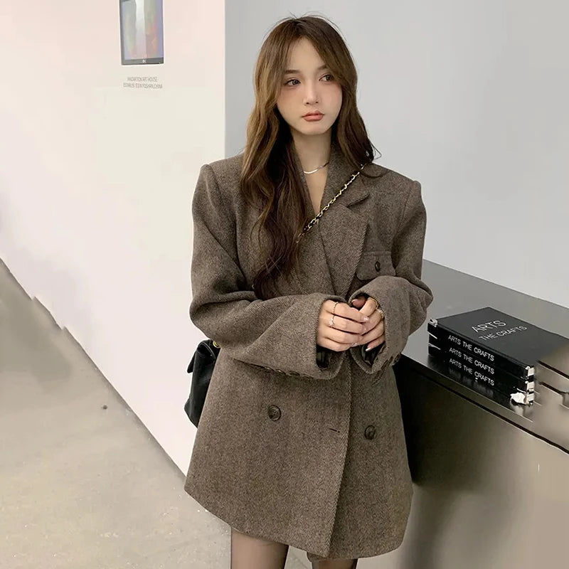 🍒Vintage brown blazer women autumn winter thick warm loose street wear jacket coats Y2K fashion chic double breasted Outerwear  You'll Wear This Out