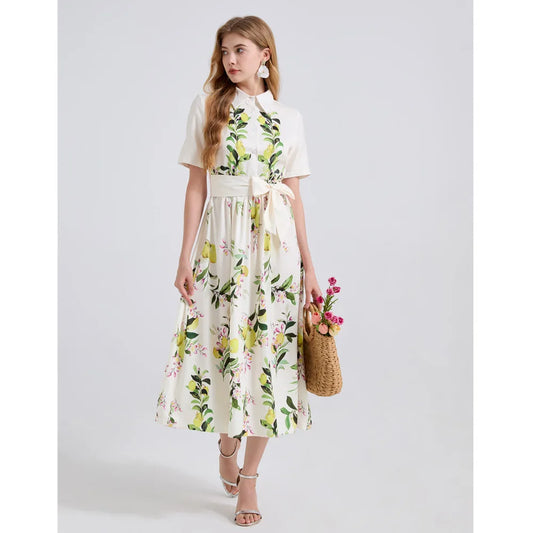 🍒Fashion midi dress shirt summer women bohemian short sleeve floral outfit lemon print sundress belted elegant long dress smart casual clothes