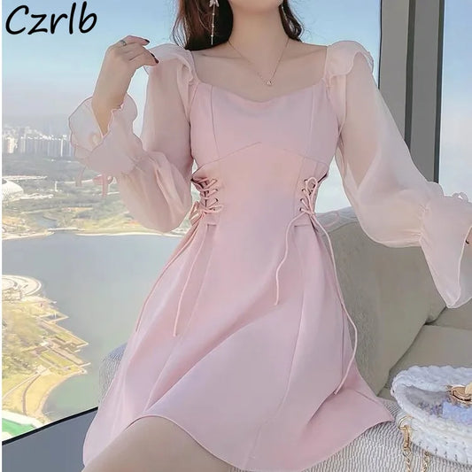 🍒Pink dresses women spring summer sweet heart neckline outfit a-line mini dress with puff sleeves lace up draw string sides waist feminine fashion A- Pretty Pink