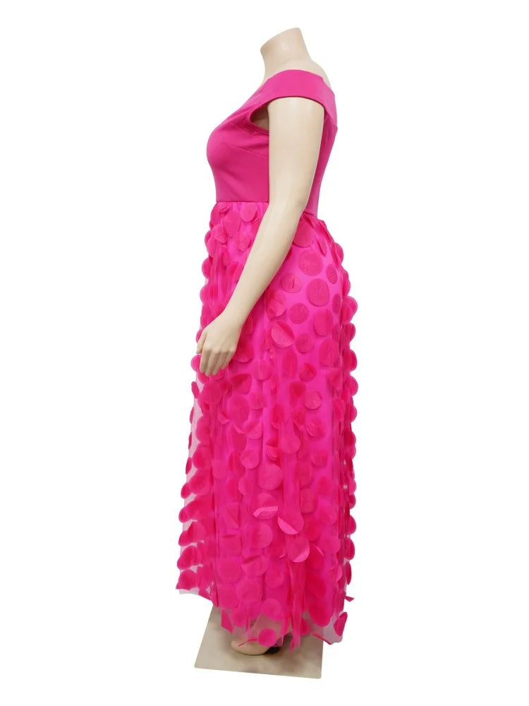 🍒Plus size evening dress pink off shoulder special occasion clothing for women mesh fashion high waisted birthday outfit evening party wear for ladies summer party clothing Pink Up Your Think Petal
