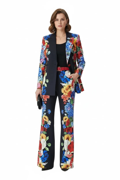 🍒Printed two piece pant set for women lapel long sleeves jacket  blazer and high waist wide leg trouser set floral fashion occasion wear party wear  keep aSIDE of FLORAL and SUITs