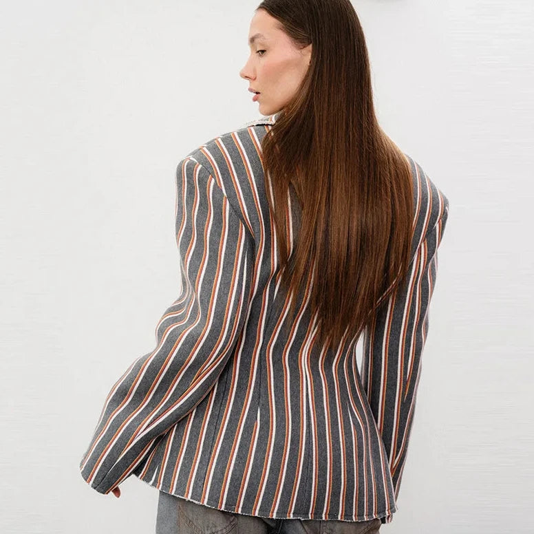 🍒Striped print blazer women's full Sleeve jacket with notched lapel collar double breasted spring coat fashion wear office clothing   Look Chocolate In Orange