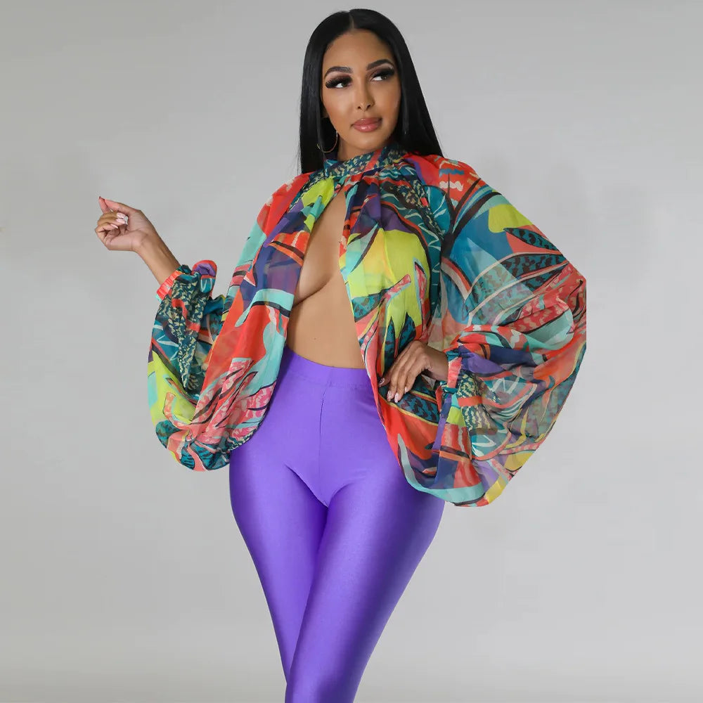 🍒Colourful chiffon blouses plus size printed front split blouse fashion batwing loose fitting see though top with puff sleeves party night club blouses shirt for women OPEN Up Your Armoire to A Cool BLOUSE