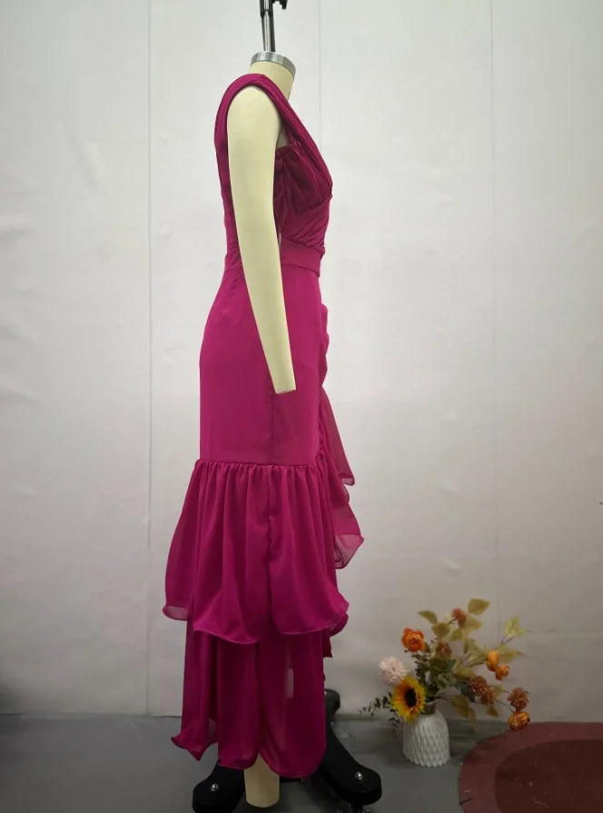 🍒V-neck ruched dress solid colour womens summer outfit high waist sleeveless casual wear maxi fashion clothes