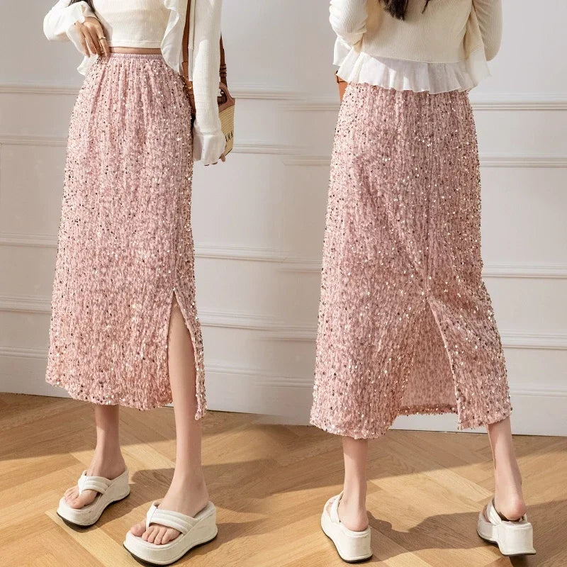 🍒Stylish summer skirts smart casual womens sequin clothes midi fashion black long skirt outfit y2k wear