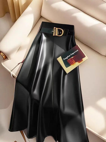 🍒Red pu skirt high end goddess fashion a-line leather midi mid length umbrella skirt occasion party wear Get A Little Bottle with A Burgundy