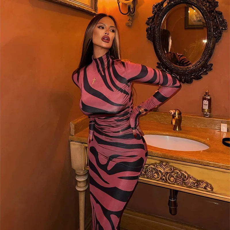 🍒Red striped long dress womens bodycon turtle neck zebra print mesh outfit clubwear party occasion wear clothing                       Catwalk Your Tiger
