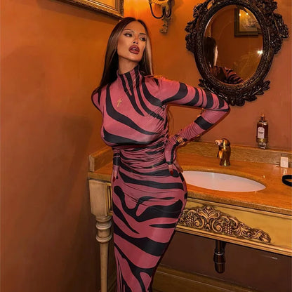 🍒Red striped long dress womens bodycon turtle neck zebra print mesh outfit clubwear party occasion wear clothing                       Catwalk Your Tiger