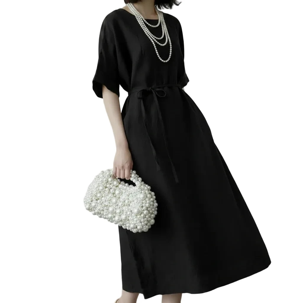 🍒Long dresses a-line fashion split hem wide short sleeve outfit casual outfit for women with waistband batwing sleeve clothes Simply Style