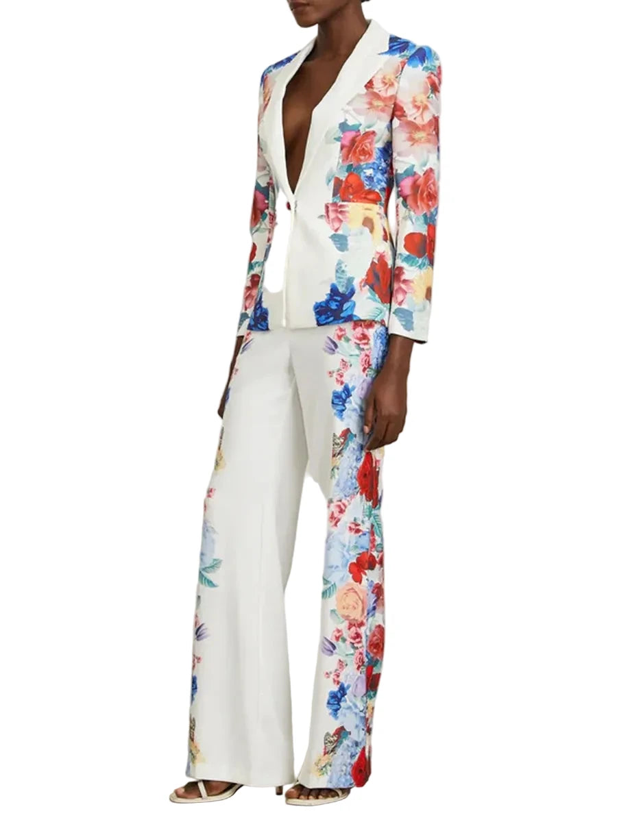 🍒Printed two piece pant set for women lapel long sleeves jacket  blazer and high waist wide leg trouser set floral fashion occasion wear party wear  keep aSIDE of FLORAL and SUITs