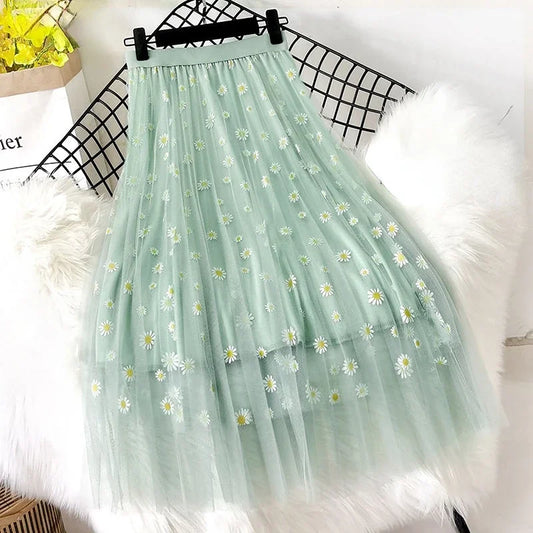 🍒Sweet girl skirt women"s feminine fashion smart casual clothing floral summer wear mesh midi  classy all match elegant stylish charm occasion wear Net This Mesh