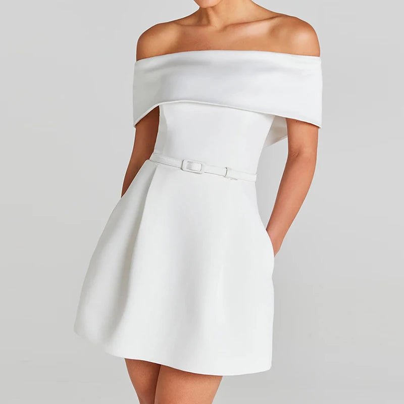 🍒Mixed media fashion short sleeve mini dress off the shoulder sleeves spring summer fashion solid party wear occasion wear Show A' Shapely Shoulder