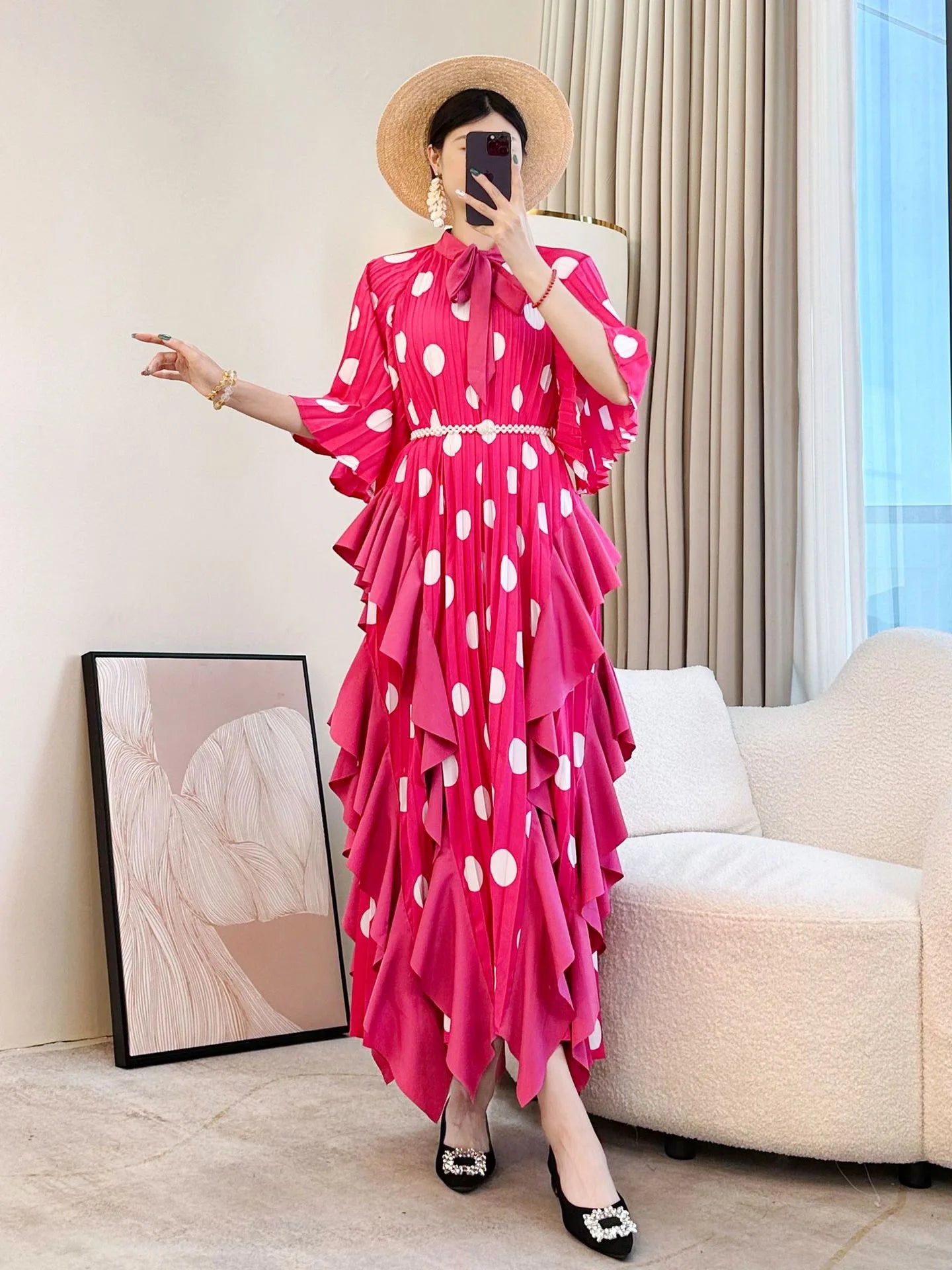 🍒 Dress with polka dots simple pleats and ruffled edges summer outfit looks long loose fit smart primted casual wear loose Fit clothing and Slimming Effect  party occasion clothing Lucky You Spotted this Spot