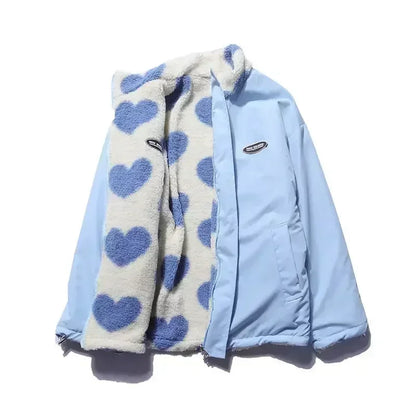 🍒Fashion Stand-up Collar OutwearFaux lambswool fur jacket women's warm coat autumn winter outerwear for women heart print stand collar coat Ya Hearts Printed On This