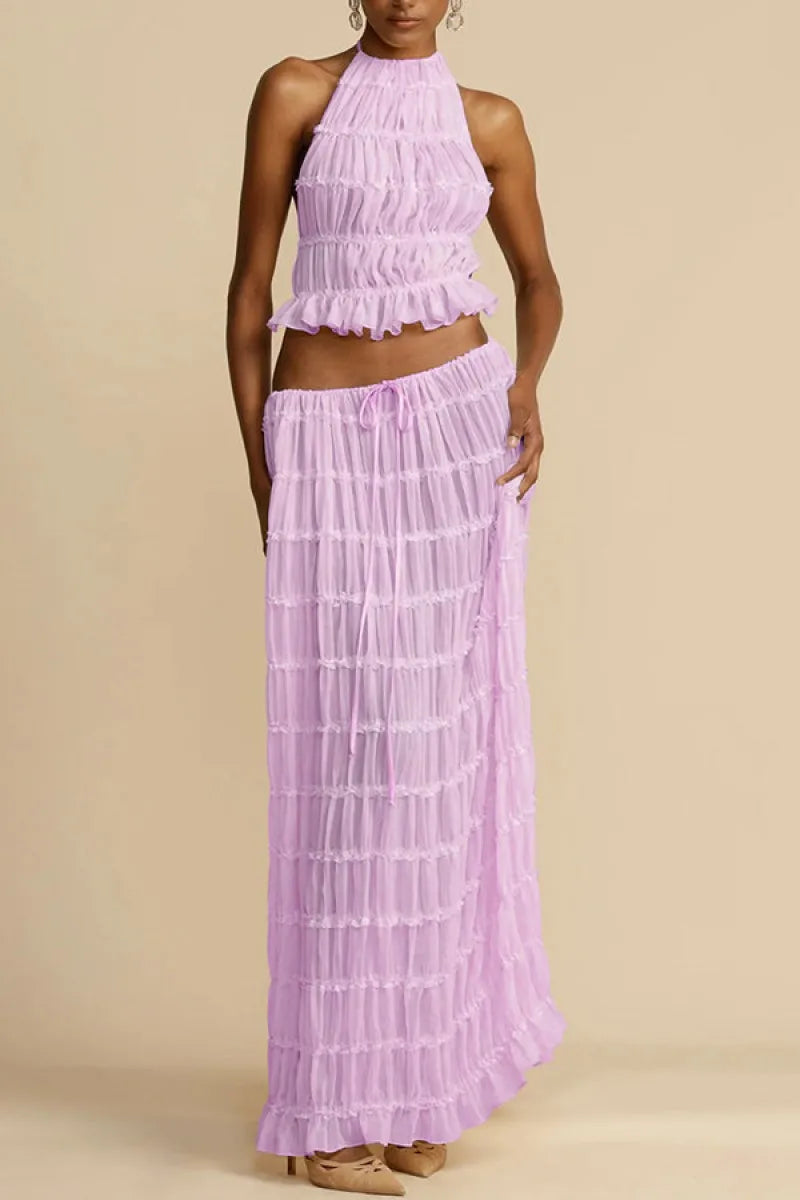 🍒Casual outfit long skirt maxi and sleeveless backless tops for women high waisted long straight skirt beach chic suit  Lovely Ruchie Rufflie