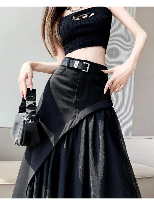 🍒Womens black skirt long smart casual wear vintage a-line skirt Y2k fashion streetwear party occashion clothes Wear Mixed Media A-ffair