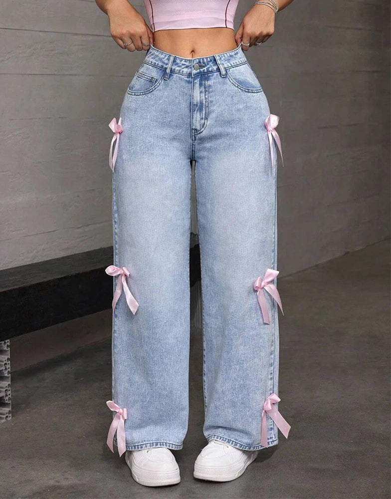 🍒Womens wide leg jeans pants pink bows washed high waist denims distressed vintage Straight Ankle Length Trousers casual jeans wear You Will Be Blue If You Miss these sweet Denim Pinks