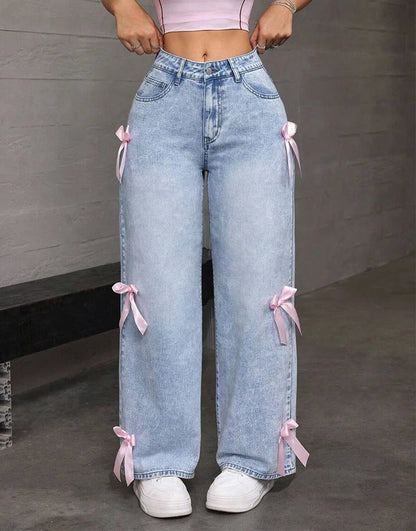 🍒Womens wide leg jeans pants pink bows washed high waist denims distressed vintage Straight Ankle Length Trousers casual jeans wear You Will Be Blue If You Miss these sweet Denim Pinks