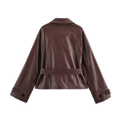 🍒Faux leather short trench coat with belt spring fall fashion commuter jacket women stylish street coat smart casual outerwear Leather Looking Lavish