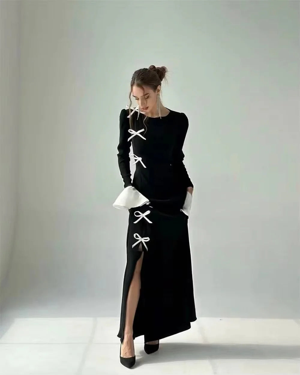 🍒Black evening dresses long flared sleeves side slit outfit party evening gown with bows maxi occasion dress black and white Walk Your Pretty Side