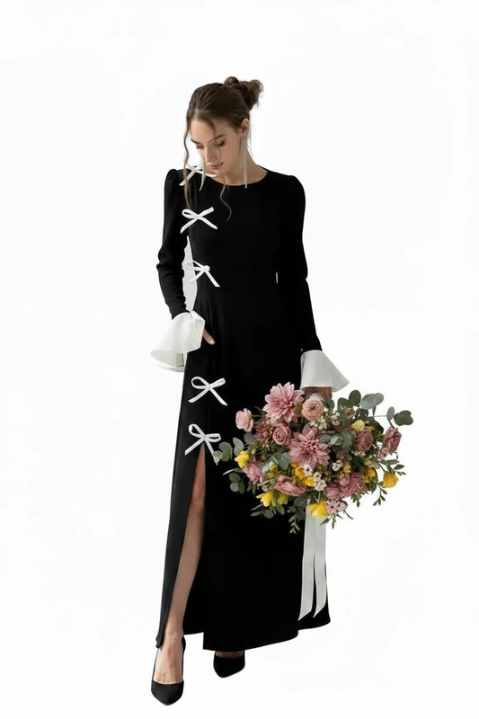 🍒Black evening dresses long flared sleeves side slit outfit party evening gown with bows maxi occasion dress black and white Walk Your Pretty Side