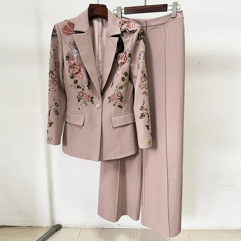🍒Luxury two piece set womens blazer suit coat beaded 3D flower Jacket plus long wide leg pants suit crystal formal outfits party occasion clothing Don A Diva 3D
