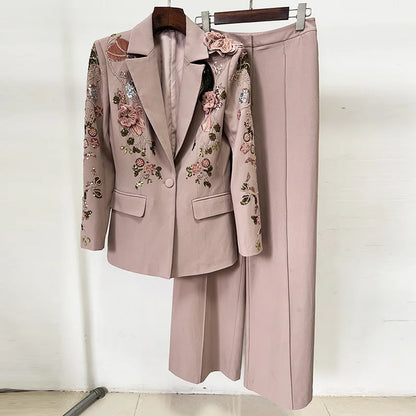 🍒Luxury two piece set womens blazer suit coat beaded 3D flower Jacket plus long wide leg pants suit crystal formal outfits party occasion clothing Don A Diva 3D
