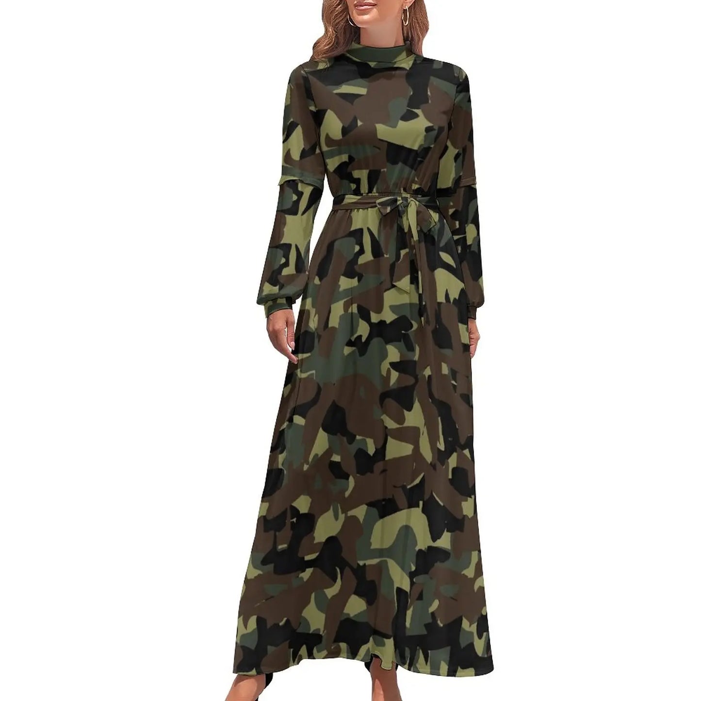 🍒Military camoflauge dress high waist outfit bohemian chic long-sleeve maxi stylish smart casual clothing women Camodel Camo