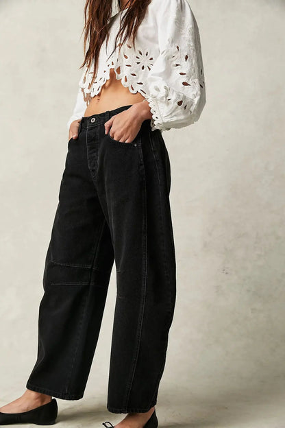 🍒Loose mid waist Jeans bleached denim style full length pants fashion solid colour trousers with pockets casual wear for women Barrels Of Style