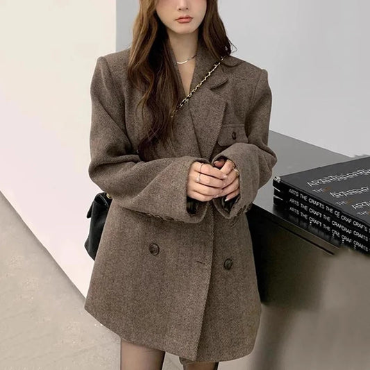 🍒Vintage brown blazer women autumn winter thick warm loose street wear jacket coats Y2K fashion chic double breasted Outerwear  You'll Wear This Out