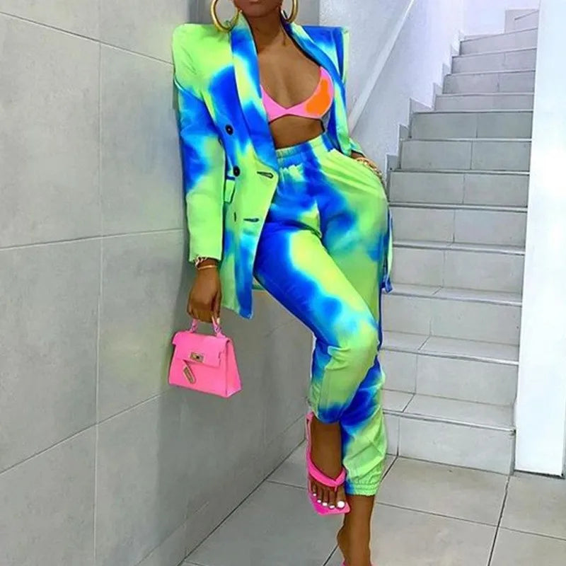 🍒Womens tie dye suit multicolour printed long sleeve jacket and tapered trouser set lapel blazer two piece office wear smart casual clothing