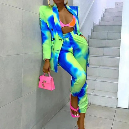 🍒Womens tie dye suit multicolour printed long sleeve jacket and tapered trouser set lapel blazer two piece office wear smart casual clothing