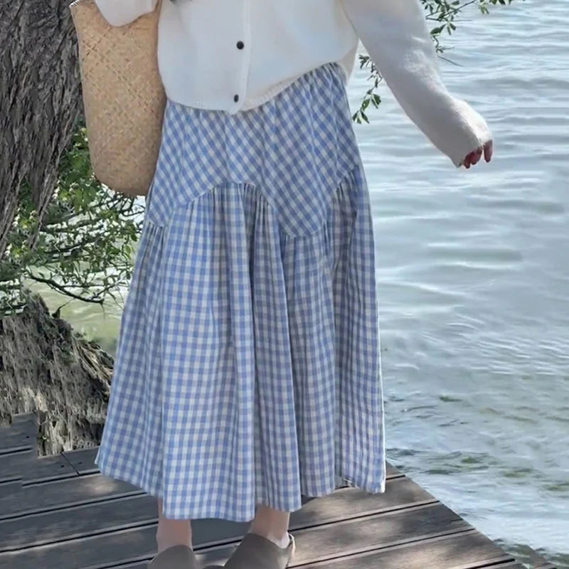 🍒Checkered a-line skirt high waisted tiered maxi skirt outfit all match loose pleated midaxi outfits for women fashion wear female casual wears  Chic Check