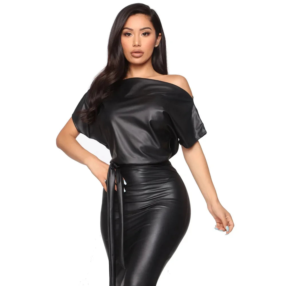 🍒Faux leather bodycon dress mini party slanted shoulder short sleeve pu outfit elegant clubbing wear occasion party wear clothing Liquorice Lovely