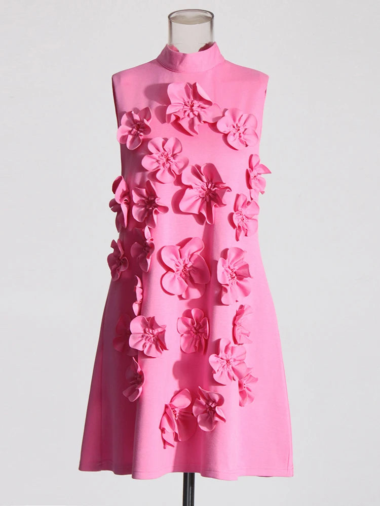 🍒Soild 3D applique dress mini for women smart casual stand collar outfit sleeveless tie bow collar chic female fashion occasion party wear Awesome Applique
