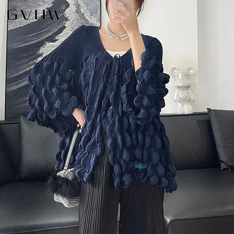 🍒Bubble sleeve pleated top with wrinkle tie strings top v neck design solid colour loose t-shirt smart casual clothes Bump Up Your Fashion