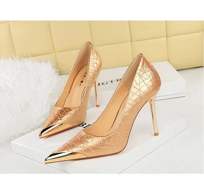 🍒Metalic high heel pumps for women elegant party stillettoe thin heels shoes for occasions party wear footwear GOLDen TIP PUMP Up Your Fashion Volume