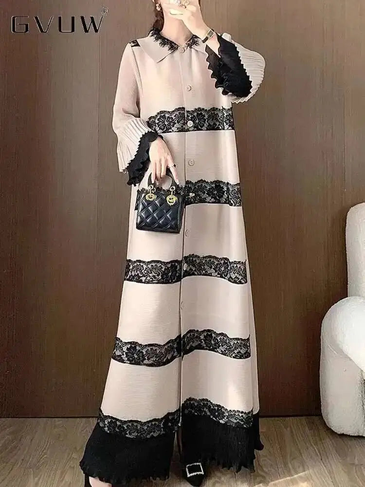 🍒Pleated lace dress with lapels flared sleeve single breasted outfit long elegant midaxi fashion wears smart casual clothing women partywear occasion wear